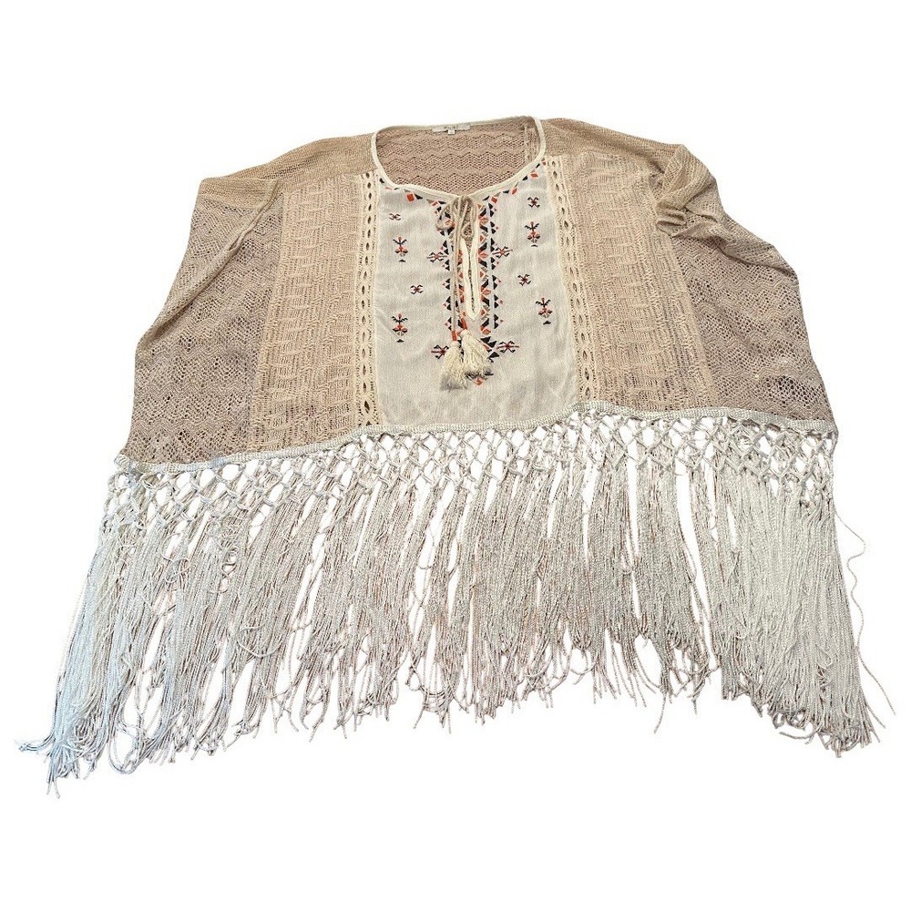Miss Me Lace  Poncho Lightweight Long Crochet Fringe Boho Hippie Size L‎
